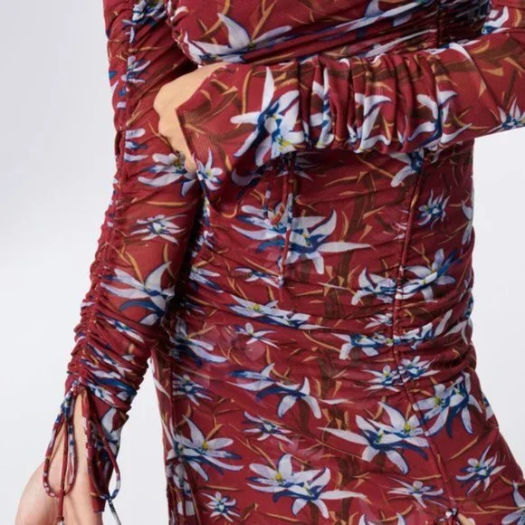 NWT DVF - Corinne Ruched Mesh Midi Dress in Harlow Small Wine - Picture 3 of 7